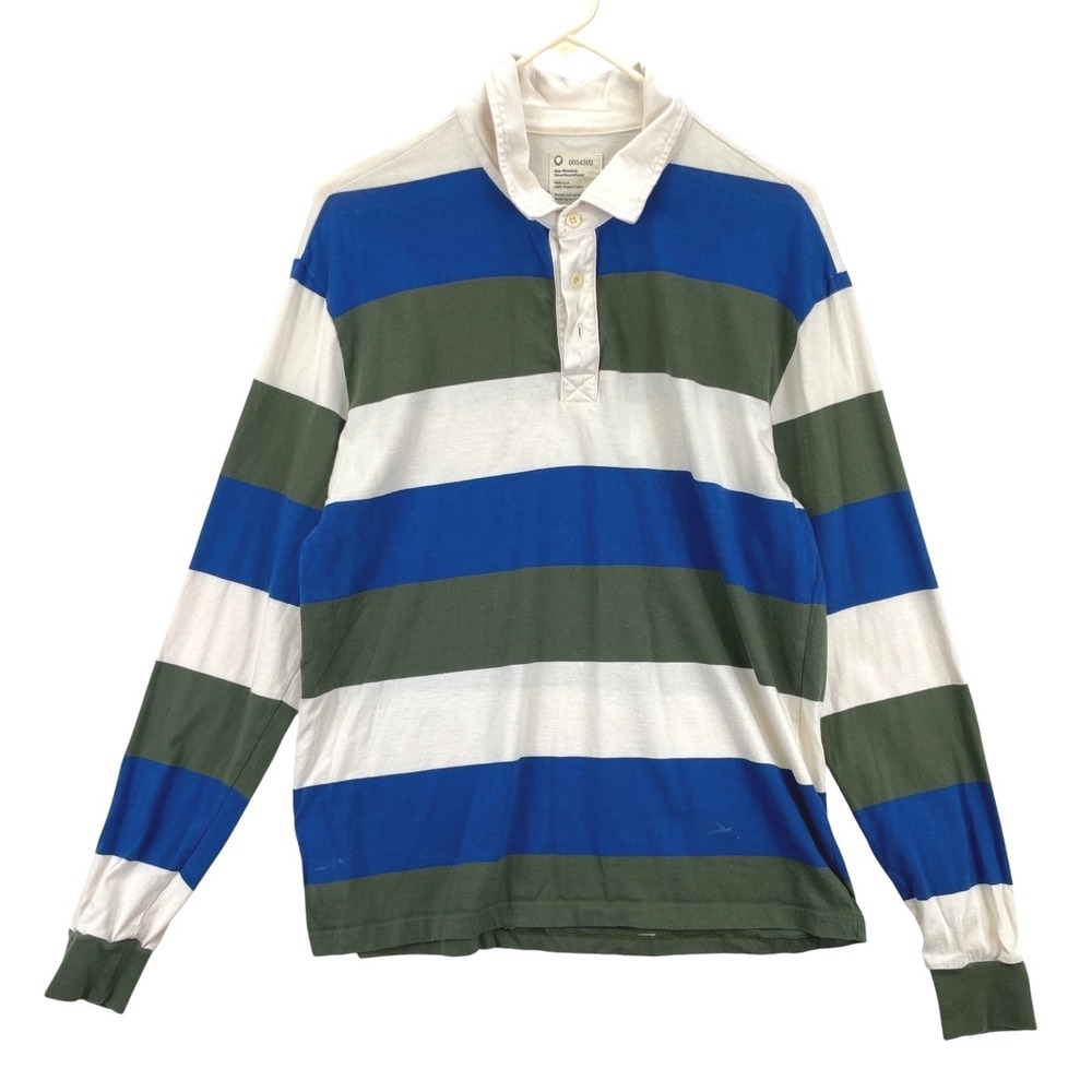 For Days Rugby Shirt Long Sleeve Mens M White Blue Green Striped Preppy Organic